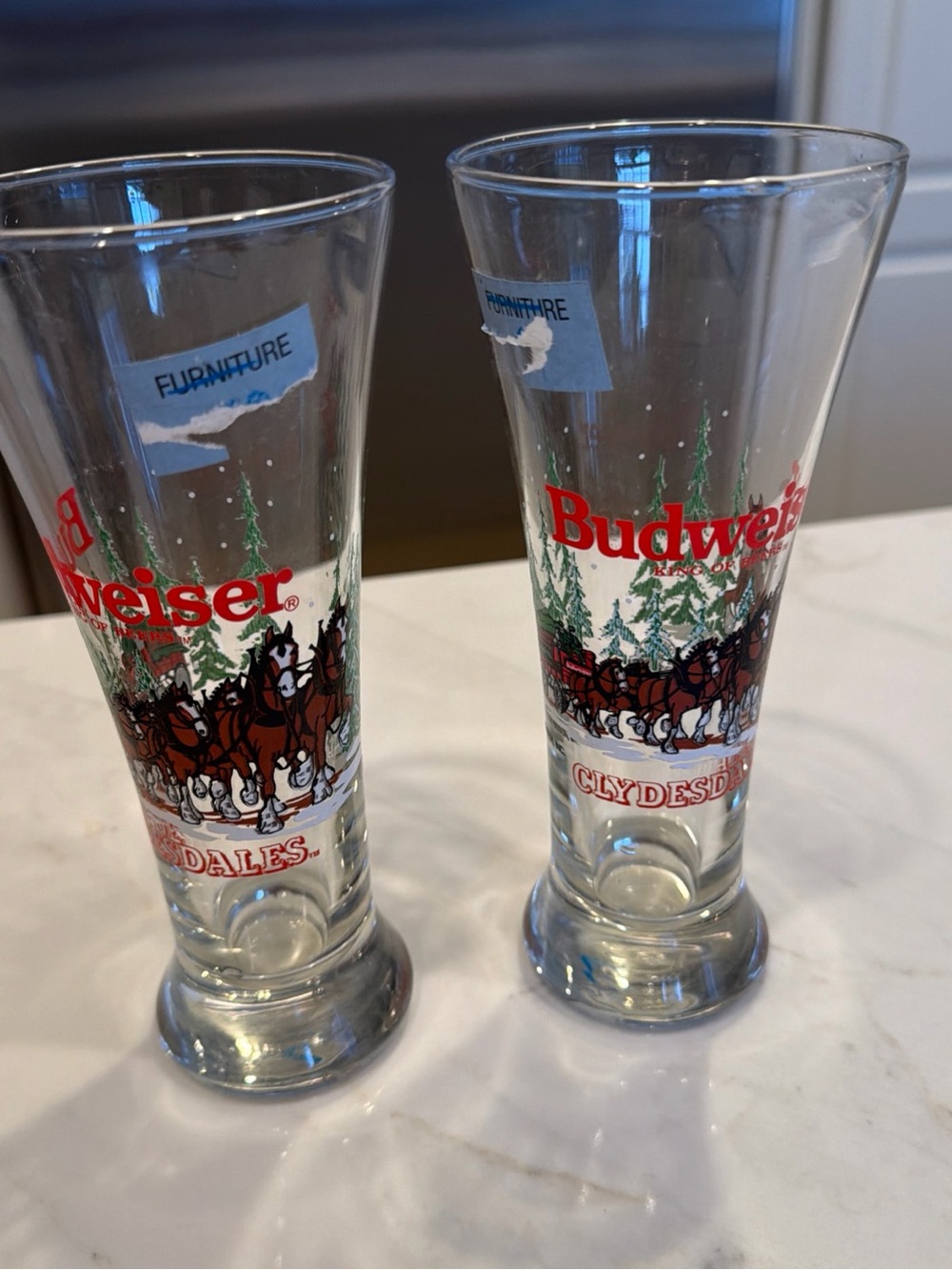 Budweiser Clydesdales Pilsner set of 2 Glasses  Anheuser Busch Christmas 1992